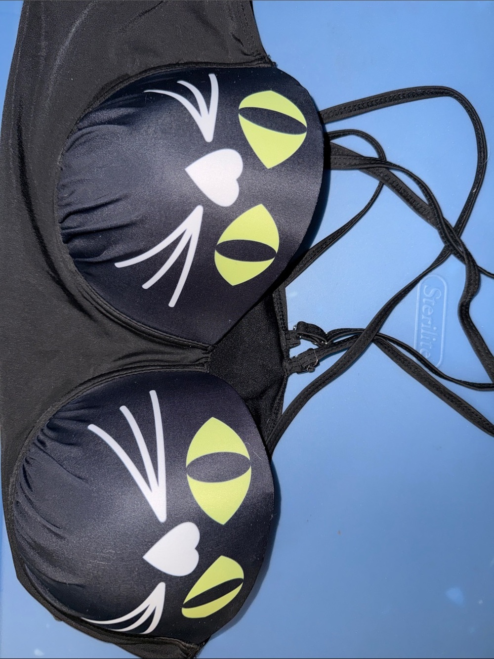 Source Unknown Black Bikini Top with Neon Yellow Cat Face